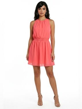 Fun & Flirt Bright Coral Sleeveless Smocked Waist Chiffon Mini Dress XL